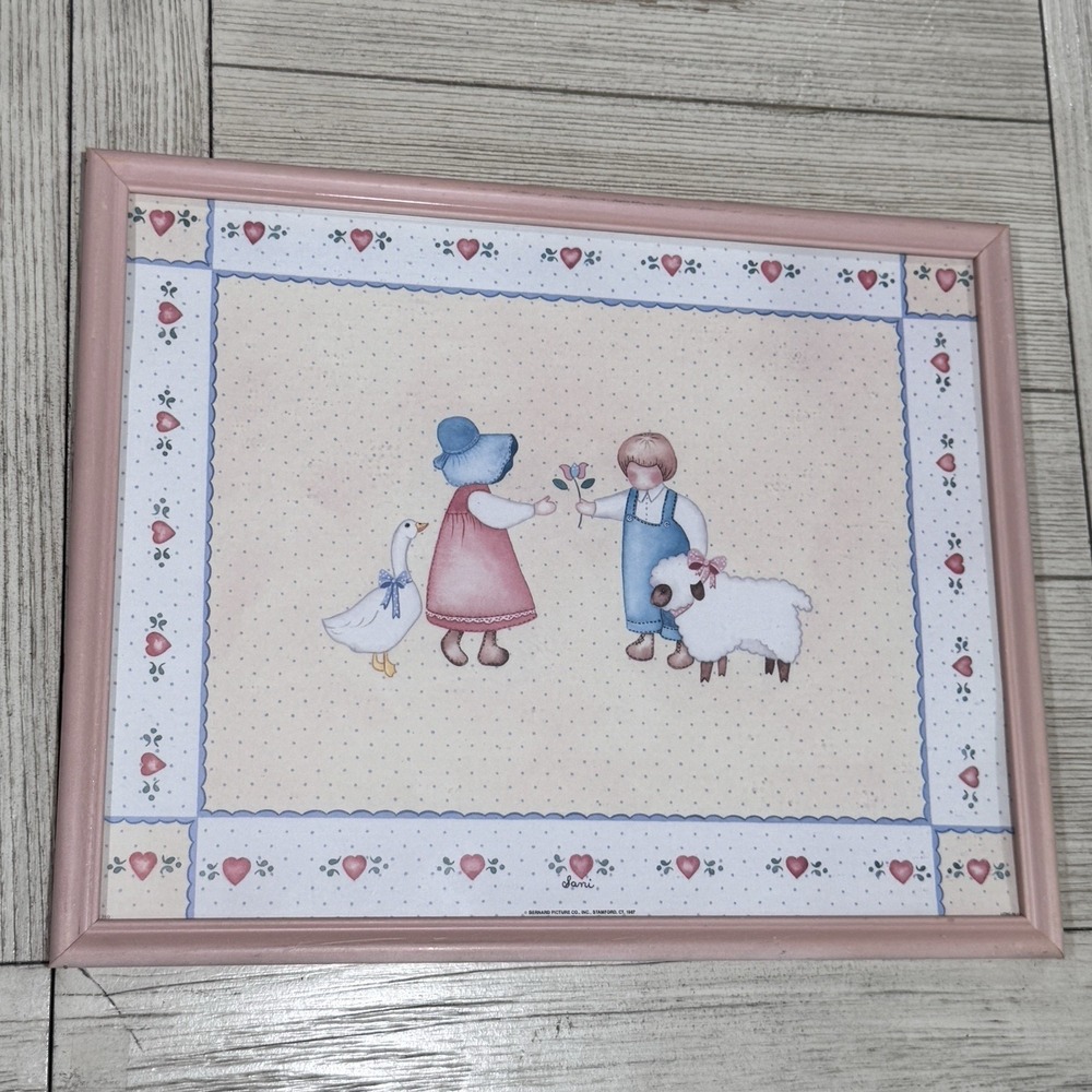 VTG Cottagecore framed goose wall art farm house sheep hearts kids signed 1987